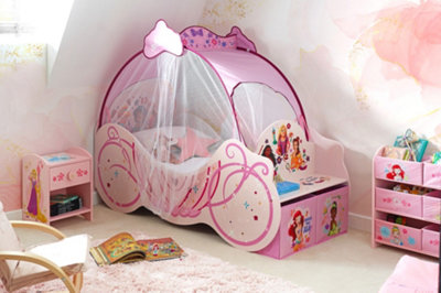 Disney Princess Carriage Bed With Seat, Storage Boxes And Full Canopy, Toddler Bed, Pink Finish