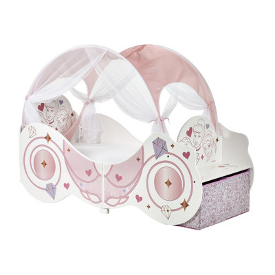 Disney Princess Carriage Toddler Bed with Canopy and Fabric Storage Boxes Fits 140cm x 70cm Mattress