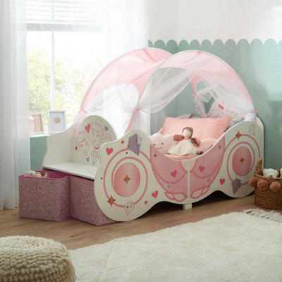 Disney Princess Carriage Toddler Bed with Canopy and Fabric Storage Boxes Fits 140cm x 70cm Mattress