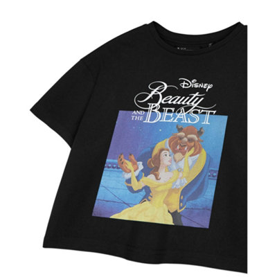 Disney Womens Black Beauty & The Beast Cropped Short Sleeved T