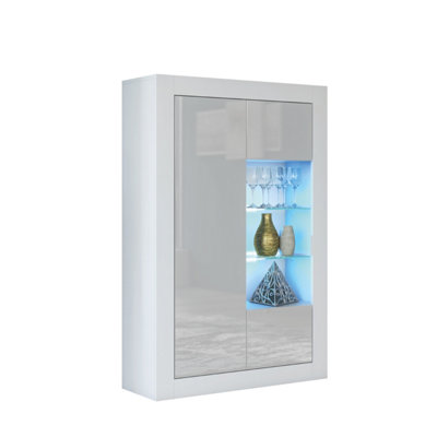 Display Cabinet 140cm Modern White with High Gloss Grey Doors ...