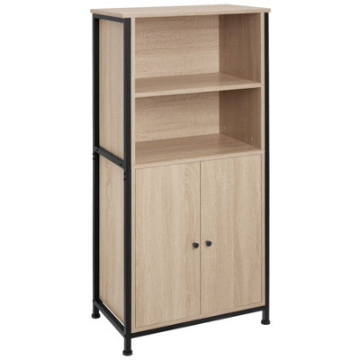 Display Cabinet Doncaster - open shelving, 2 cupboards, adjustable shelves - industrial wood light, oak Sonoma