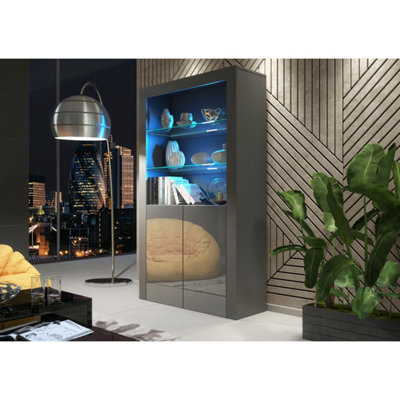 Display Cabinet Spectrum 170cm - Dark Grey with Gloss Doors and LED Lights
