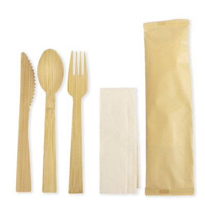 Disposable Bamboo Cutlery Set with Napkin 17cm Length : 50 Packs