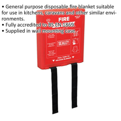 Disposable Fire Blanket - 1.1m x 1.1m Size - Supplied in Wall Mounting Case