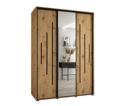 Distinguished Oak Artisan Mirrored Cannes XIII Sliding Wardrobe H2050mm W1800mm D600mm with Custom Black Steel Handles