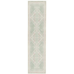 Distressed Cream Green Persian Style Washable Non Slip Runner Rug 60x240cm