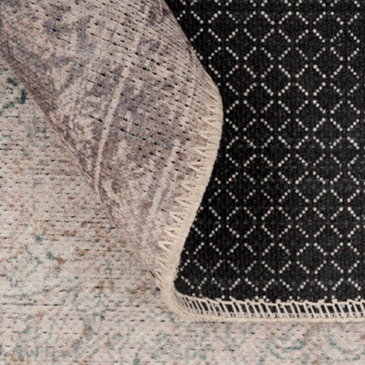 Distressed Greige Floral Persian Style Washable Non Slip Rug 120x170cm
