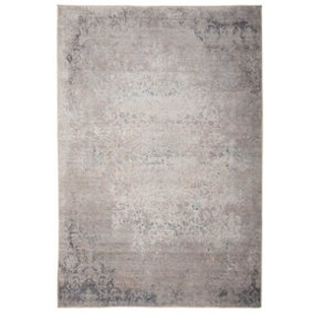 Distressed Greige Floral Persian Style Washable Non Slip Rug 60x110cm