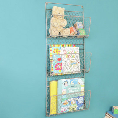 Distressed Grey Wall Mounted Magazine Newspapers Holder Storage Rack - 3