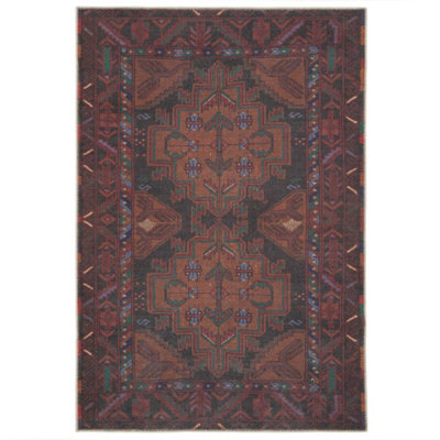 Distressed Maroon Red Brown Persian Style Washable Non Slip Rug 120x170cm
