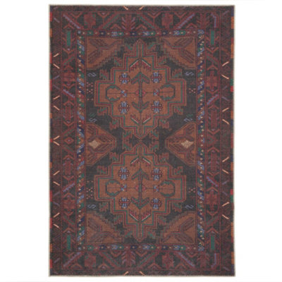 Distressed Maroon Red Brown Persian Style Washable Non Slip Rug 200x290cm