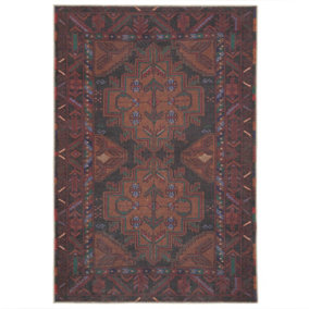 Distressed Maroon Red Brown Persian Style Washable Non Slip Rug 60x110cm