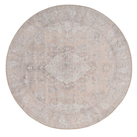 Distressed Natural Beige Persian Style Washable Non Slip Round Mat 180x180cm