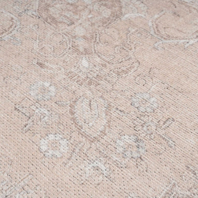 Distressed Natural Beige Persian Style Washable Non Slip Rug 280x380cm