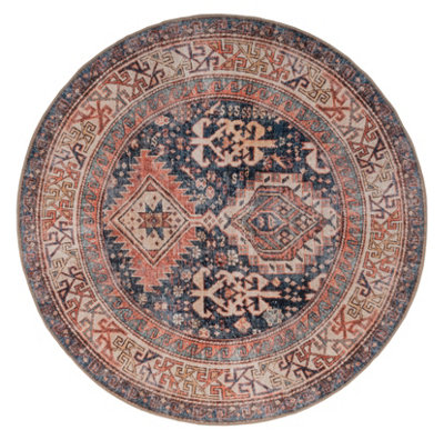 Distressed Navy Terracotta Persian Style Washable Non Slip Round Mat 180x180cm