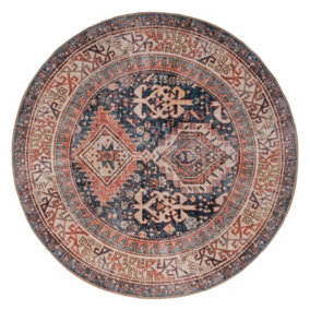 Distressed Navy Terracotta Persian Style Washable Non Slip Round Mat 180x180cm