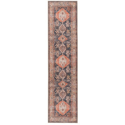 Distressed Navy Terracotta Persian Style Washable Non Slip Runner Rug 80x300cm