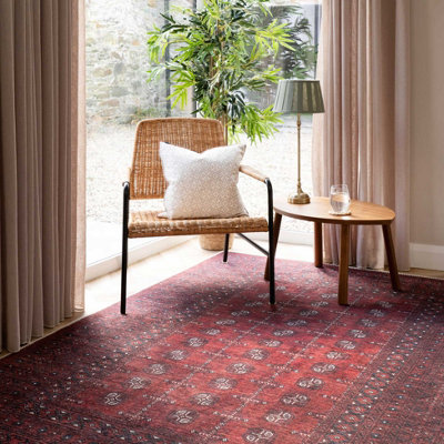 DISTRESSED RED TRADITIONAL PERSIAN STYLE WASHABLE NON SLIP RUG 200X290CM