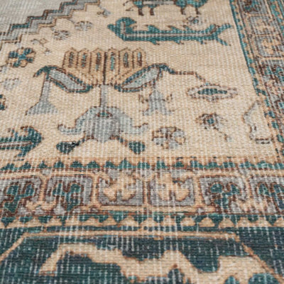 Distressed Teal Blue Beige Persian Style Washable Non Slip Rug 120x170cm
