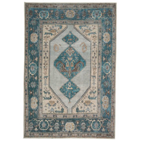 Distressed Teal Blue Beige Persian Style Washable Non Slip Rug 60x110cm