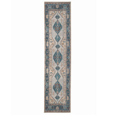 Distressed Teal Blue Beige Persian Style Washable Non Slip Runner Rug 60x240cm