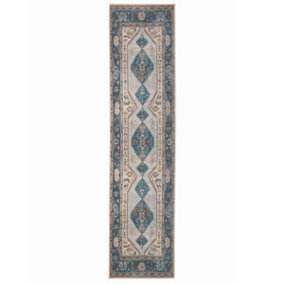 Distressed Teal Blue Beige Persian Style Washable Non Slip Runner Rug 60x240cm