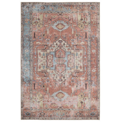 Distressed Terracotta Blue Persian Style Washable Non Slip Rug 120x170cm