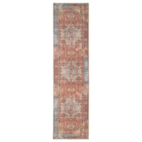 Distressed Terracotta Blue Persian Style Washable Non Slip Runner Rug 60x240cm