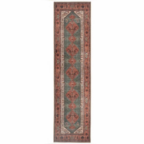 Distressed Terracotta Green Persian Style Washable Non Slip Runner Rug 80x300cm