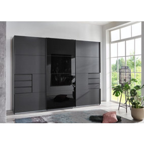 Divac 3 door sliding wardrobe with Drawers and black glass 270cm