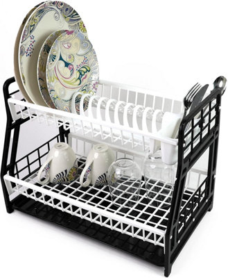 DIVCHI 2-Tier Dish Drying Rack Large Capacity Plastic Dish Drainer, Utensil Holder, Drain board - Kitchen Counter