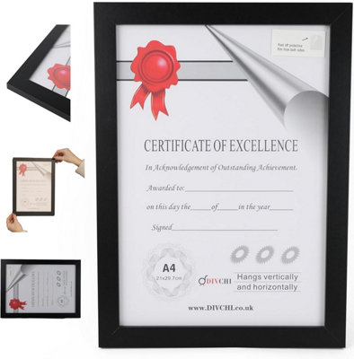 DIVCHI A4 Photo Frame MDF Freestanding Tabletop And Wall Mountable Picture Frame Certificate Art Print Poster Frames (Black)