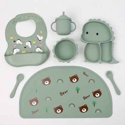 DIVCHI Baby Weaning Set, Silicone Baby Feeding Set of 7 with Suction Bowl, Spoon, Fork & Cup Weaning Set, Suction Bowl Green