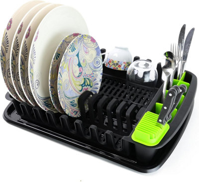 DIVCHI Dish Drainer Plastic Dish Drying Rack Sink Drainer With Cutlery Cup Utensil Holder For Kitchen Counter (Black)