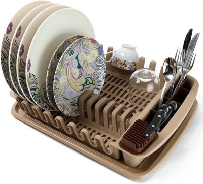 DIVCHI Dish Drainer Plastic Dish Drying Rack Sink Drainer With Cutlery Cup Utensil Holder For Kitchen Counter Brown