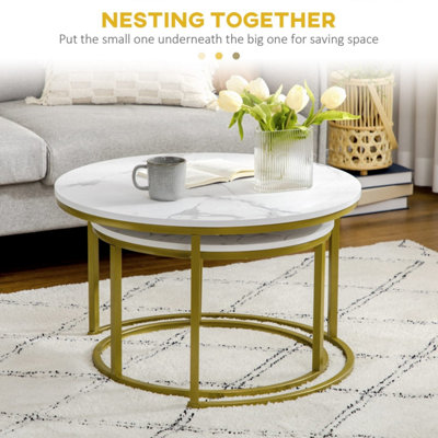 Dividi Set of 2 Round Nesting Side Tables - White Tabletops, Gold-Tone ...