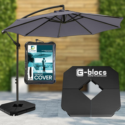 Divine Style 3m Cantilever Banana Parasol Umbrella with Base Weights and Rain Cover - The Ultimate Bundle in Urban Grey
