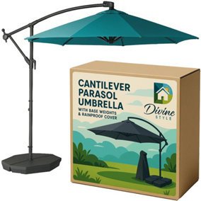Divine Style 3m Cantilever Parasol Umbrella with Base Weights and Rain Cover - The Ultimate Bundle in Empress Teal