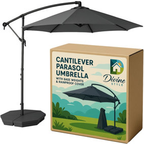 Divine Style 3m Cantilever Parasol Umbrella with Base Weights and Rain Cover - The Ultimate Bundle in Urban Grey