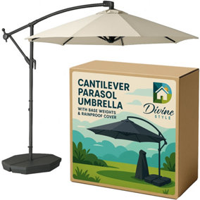 Divine Style 3m Cantilever Parasol Umbrella with Base Weights and Rain Cover - The Ultimate Bundle in Vanilla Cream