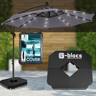 Divine Style Urban Grey Cantilever Parasol with 24 Solar Powered LED Lights, 4pc Base Set and Waterproof Cover for Outdoor Patio