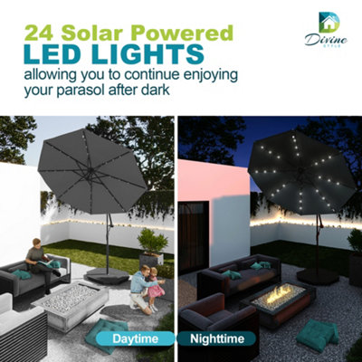 Divine Style Urban Grey Cantilever Parasol with 24 Solar Powered LED Lights, 4pc Base Set and Waterproof Cover for Outdoor Patio