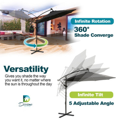 Divine Style Urban Grey Cantilever Parasol with 24 Solar Powered LED Lights, 4pc Base Set and Waterproof Cover for Outdoor Patio