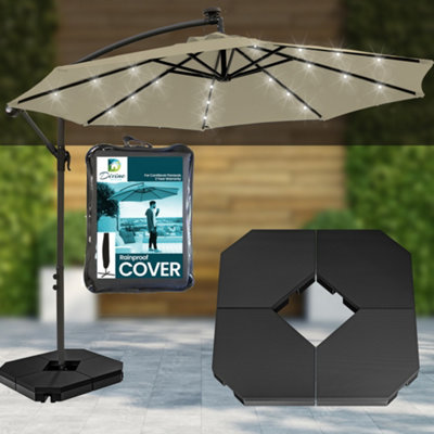 Divine Style Vanilla Cream Cantilever Parasol Umbrella with 24 Solar Powered LED Lights, 4pc Base Set & Waterproof Cover