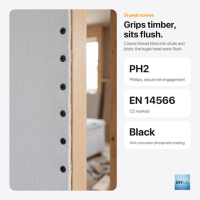 DIYUK 3.5 x 35mm Black Plasterboard Screws for Timber Studs, Coarse ...