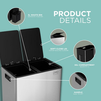 DMD Stainless Steel 60L Waste & Recycling Kitchen Bin, 2 x 30L Buckets ...