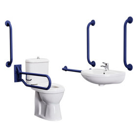 DocM Pack - Comfort Height Pan, Cistern, Toilet Seat, Wall Mount Basin, Tap, 5 Grab Rails & Drop Down Rail - Blue - Balterley
