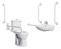 DocM Pack - Comfort Height Pan, Cistern, Toilet Seat, Wall Mount Basin, Tap, 5 Grab Rails & Drop Down Rail - White - Balterley