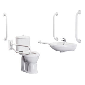 DocM Pack - Comfort Height Pan, Cistern, Toilet Seat, Wall Mount Basin, Tap, 5 Grab Rails & Drop Down Rail - White - Balterley
